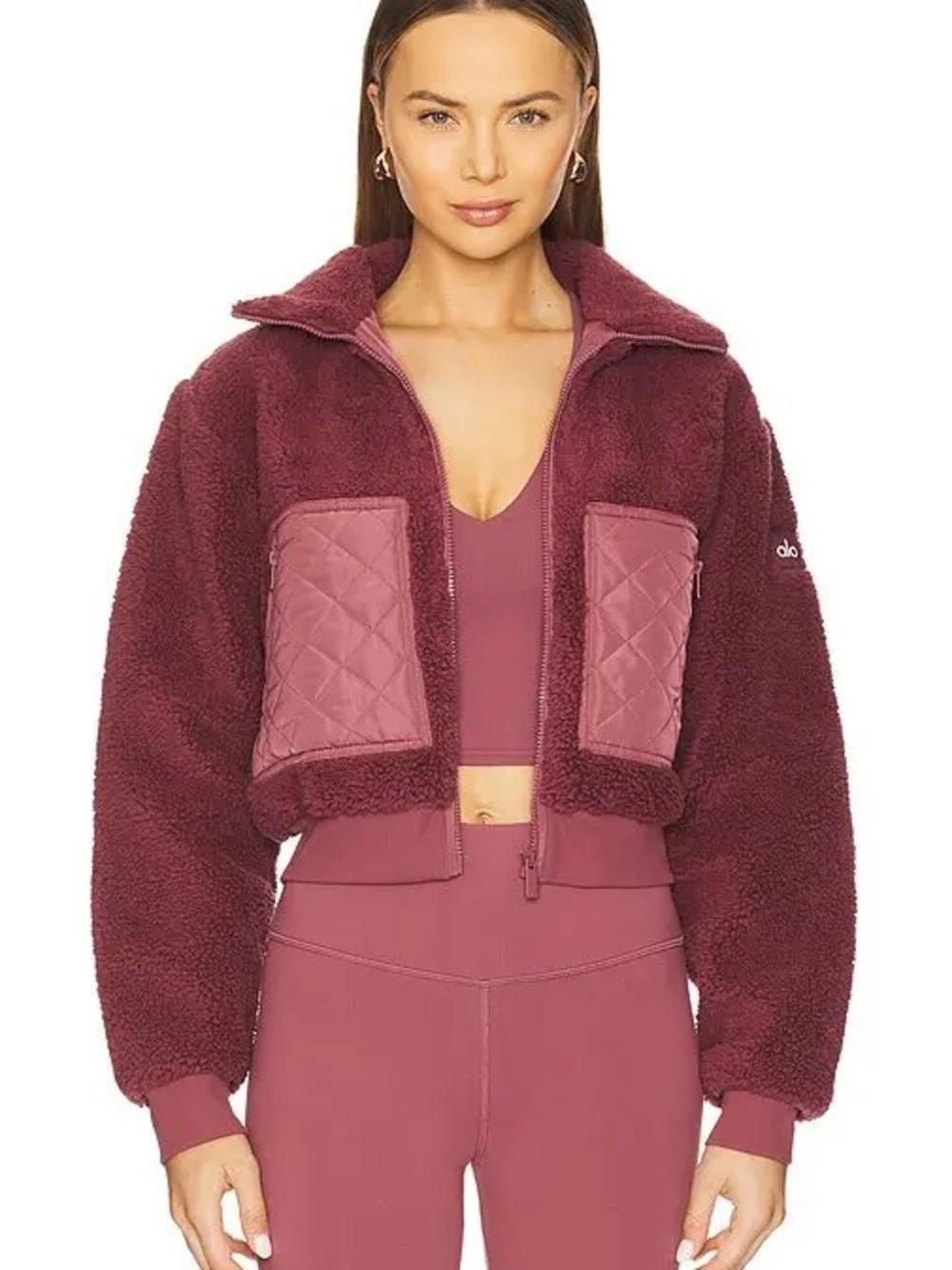 ALO Yoga Women’s Pink Sherpa Cropped Jacket with Quilted Pockets